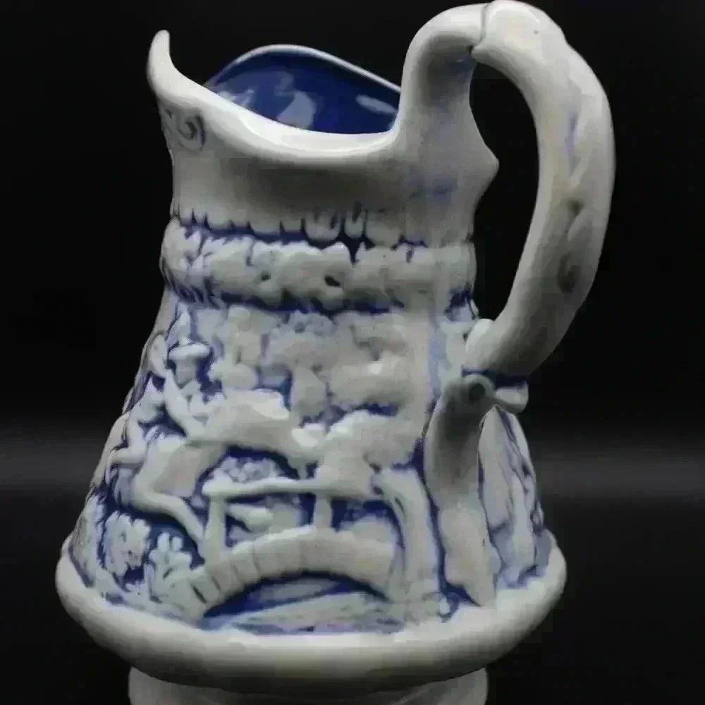 VINTAGE SIGNED CERAMIC POTTERY PITCHER JUG BLUE WASHED/RELIEF TAVERN SCENE